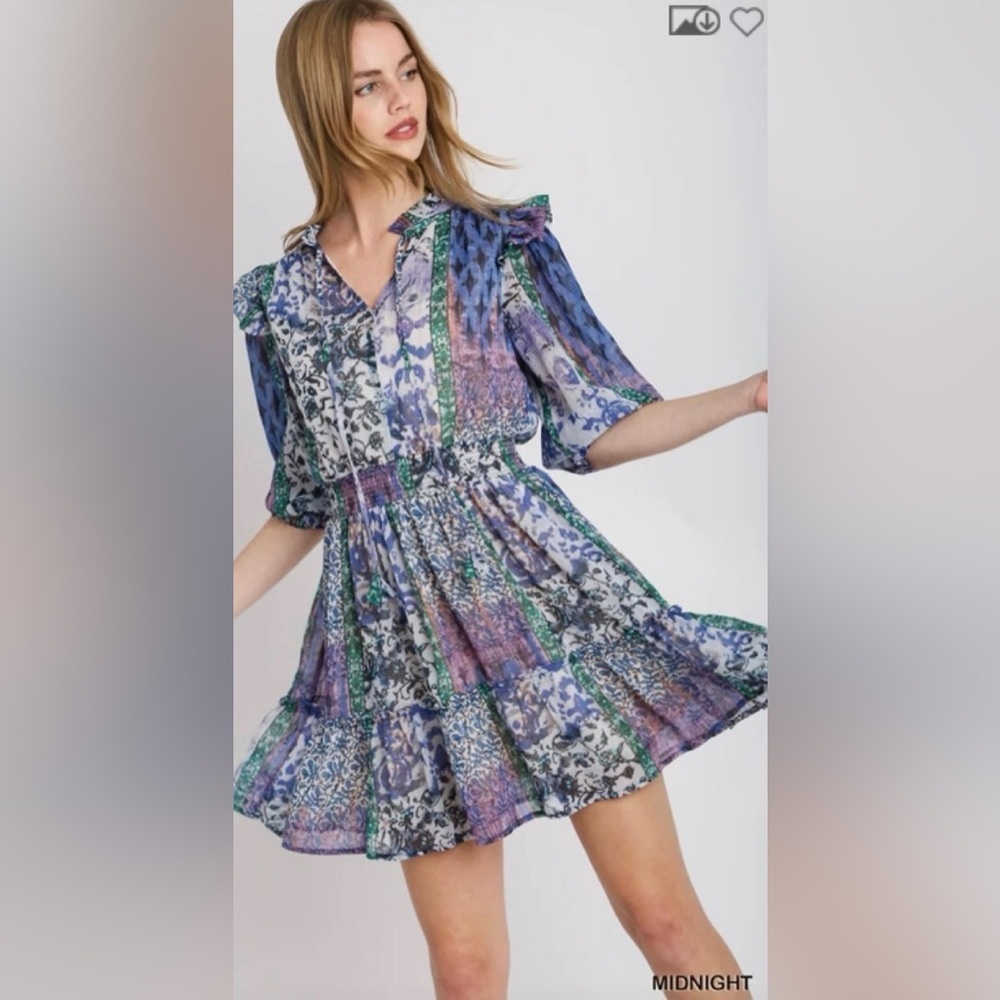 Mixed Print Ruffle Neckline with Front Tie Dress with Elastic Smocked Waistband